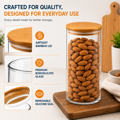 StacPro Airtight Round Glass Spice Jar with Bamboo Lid – 1500ml | Moisture-Proof, Stackable