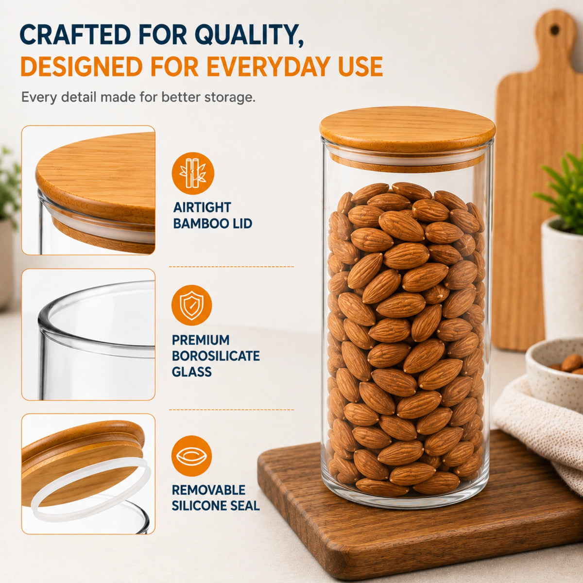 StacPro Airtight Round Glass Spice Jar with Bamboo Lid – 1500ml | Moisture-Proof, Stackable