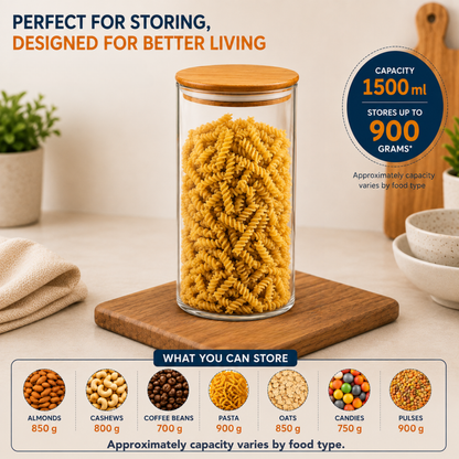 StacPro Airtight Round Glass Spice Jar with Bamboo Lid – 1500ml | Moisture-Proof, Stackable