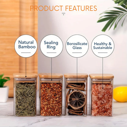StacPro Airtight Square Glass Spice Jar with Bamboo Lid – 750ml | Moisture-Proof, Stackable