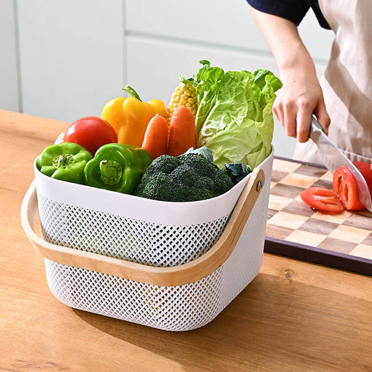 Mesh Storage Basket with Wooden Handle - Square