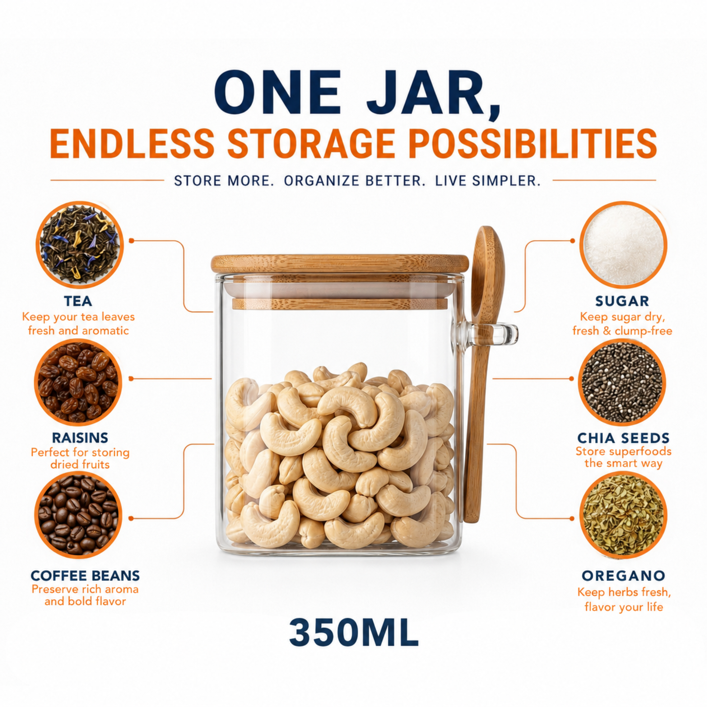 Square Airtight Glass Jar with Bamboo Lid & Spoon – 350ml