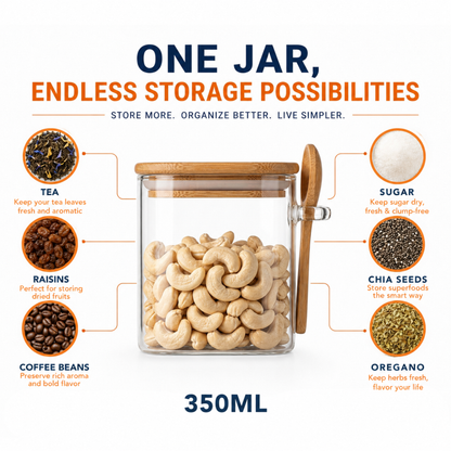 Square Airtight Glass Jar with Bamboo Lid & Spoon – 350ml