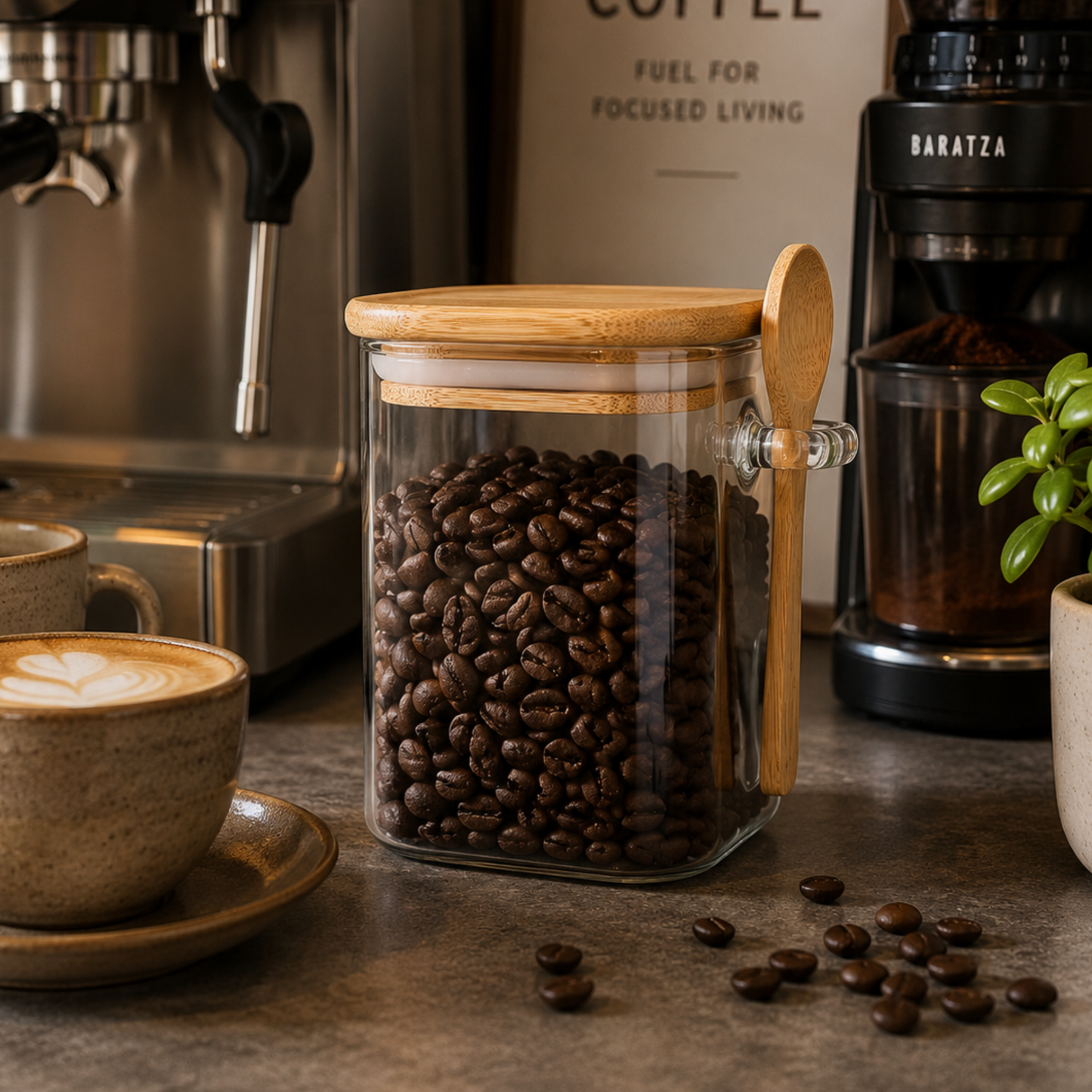 Square Airtight Glass Jar with Bamboo Lid & Spoon – 350ml