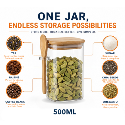 Square Airtight Glass Jar with Bamboo Lid & Spoon – 500ml