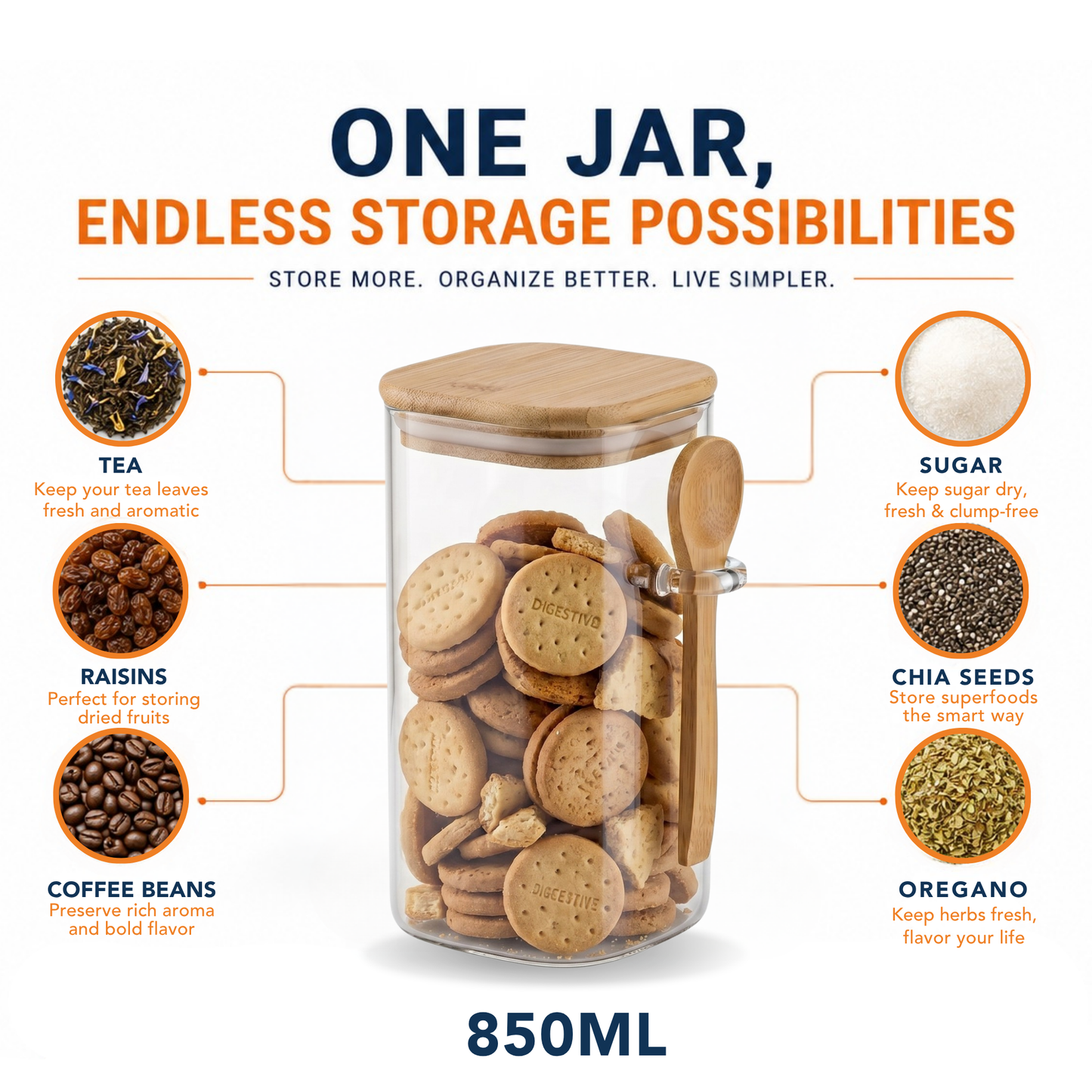 Square Airtight Glass Jar with Bamboo Lid & Spoon – 850ml