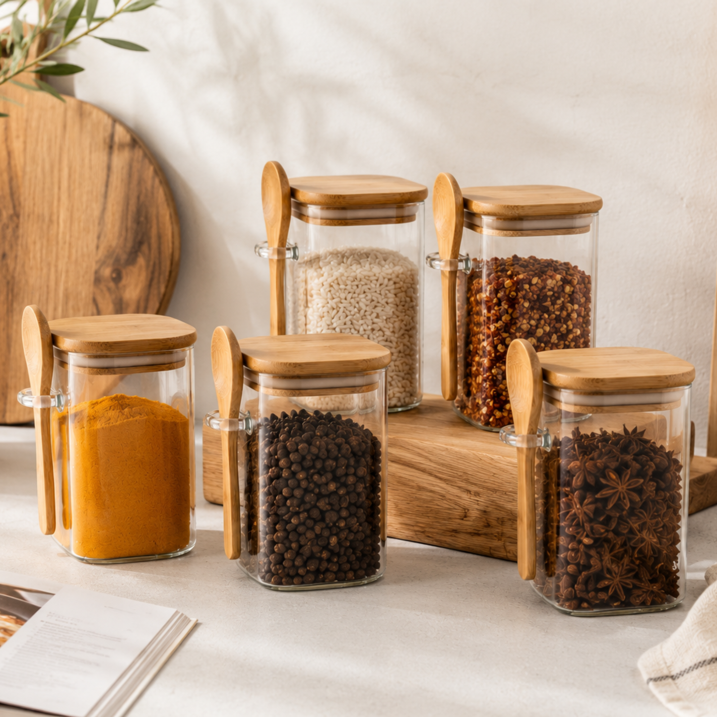 Square Airtight Glass Jar with Bamboo Lid & Spoon – 500ml