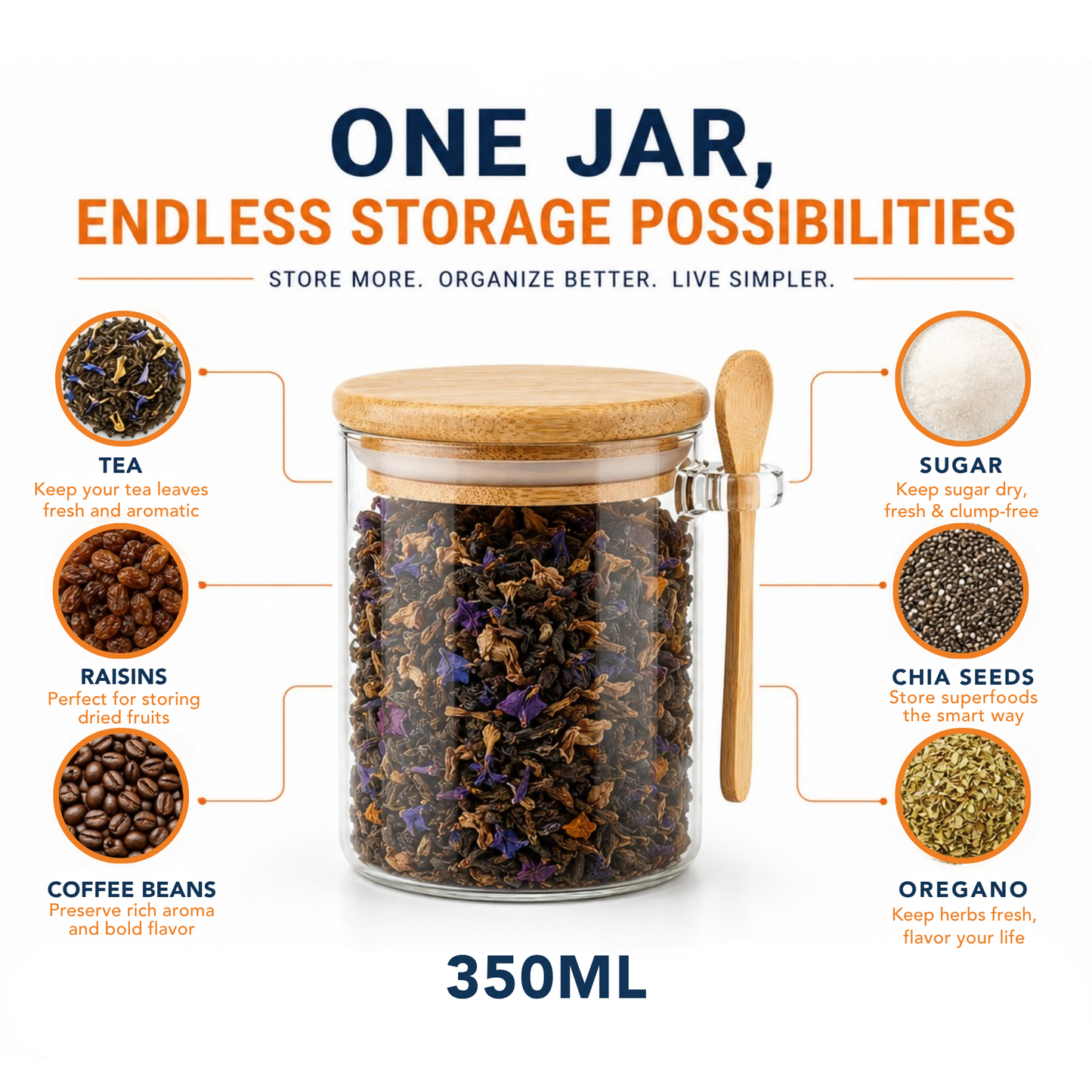 Airtight Glass Jar with Bamboo Lid & Spoon – 350ml