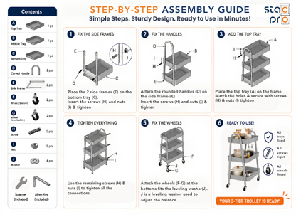 StacPro 3-Tier Metal Storage Trolley with Wheels | Blue Multipurpose Rolling Rack