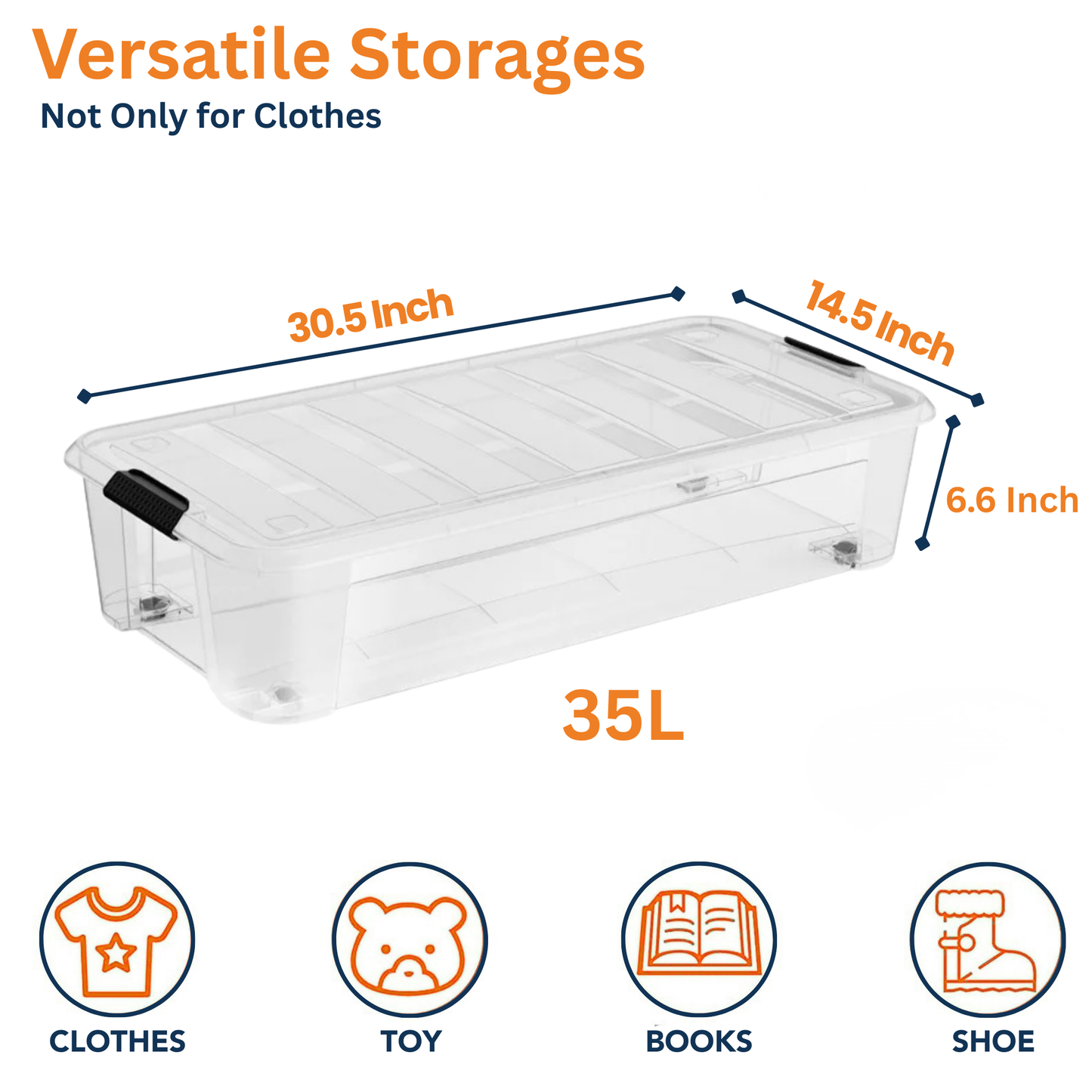 Under Bed Storage Box with Secure Locking Lid & Wheels - 35 Litre