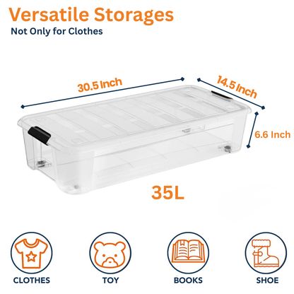 Under Bed Storage Box with Secure Locking Lid & Wheels - 35 Litre