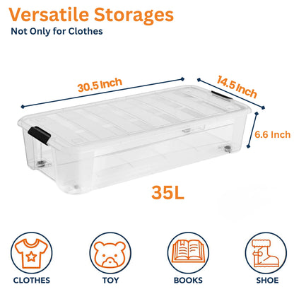StacPro Under-Bed Rolling Storage Box — 35L | Slim Design, Secure Locking Lid, Smooth Wheels | Clear, Dustproof