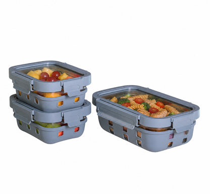 Borosilicated Glass Lunchbox with Antislip Silicone Cover and 4-Side Lock Lid- Glacier Blue