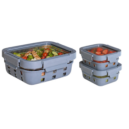 Borosilicated Glass Lunchbox with Antislip Silicone Cover and 4-Side Lock Lid- Glacier Blue