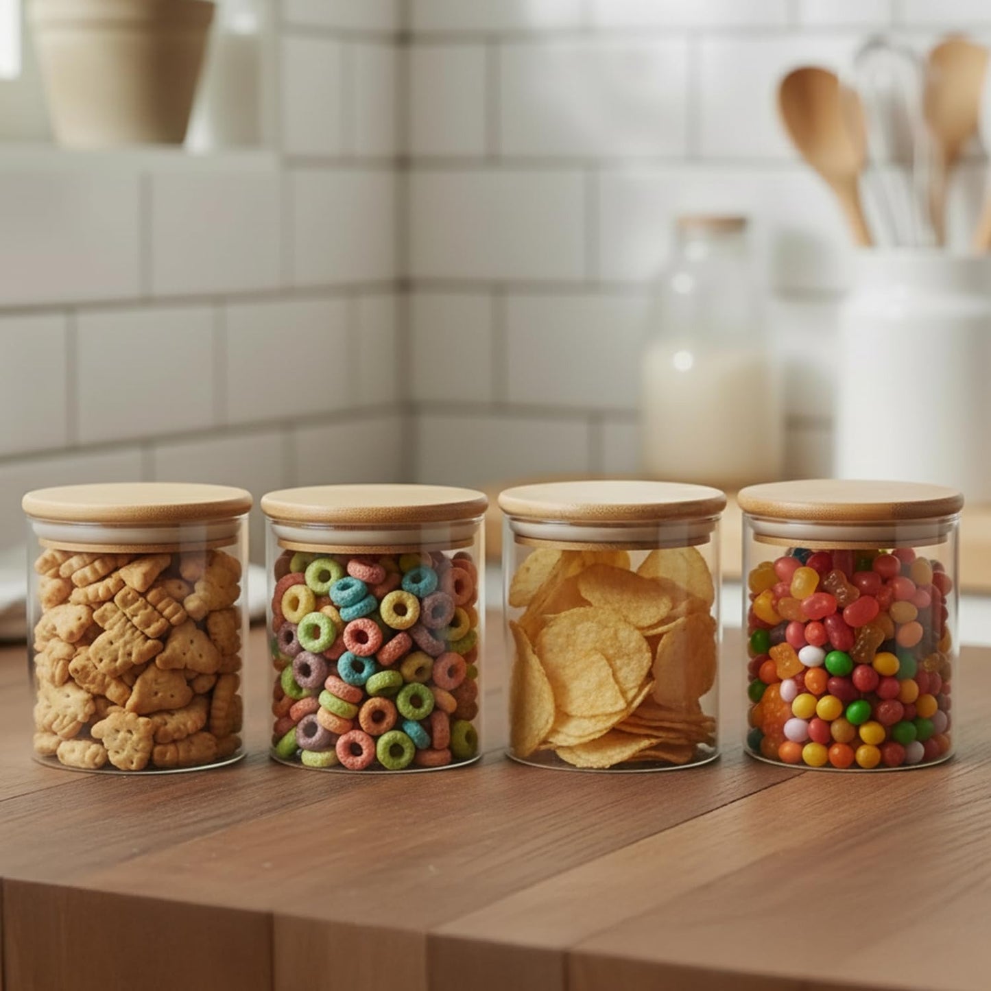 Circular Airtight Glass Spice Jar with Bamboo Lid – 500ml