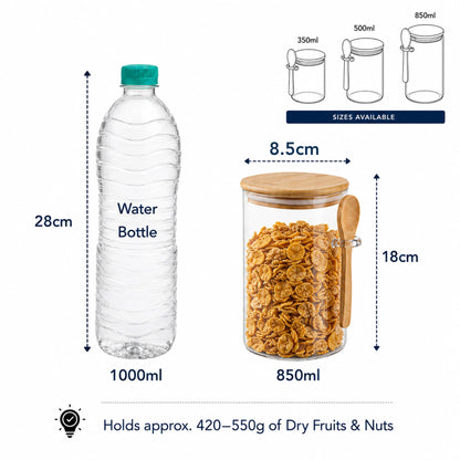StacPro Airtight Round Glass Spice Jar with Bamboo Lid & Spoon – 850ml | Moisture-Proof, Stackable