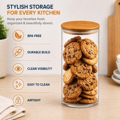 StacPro Airtight Round Glass Spice Jar with Bamboo Lid – 1500ml | Moisture-Proof, Stackable