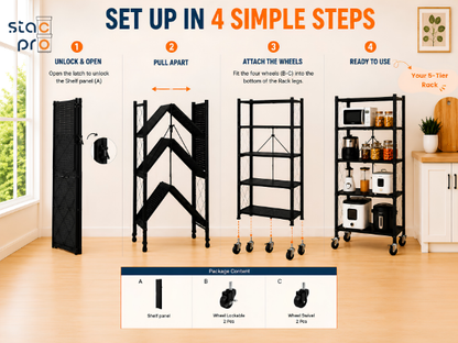 StacPro Collapsible Metal Storage Rack with Wheels | Multipurpose Heavy-Duty Shelf for Home, Kitchen & Office