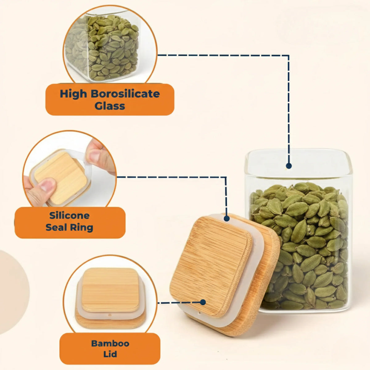 StacPro Airtight Square Glass Spice Jar with Bamboo Lid – 280ml | Moisture-Proof, Stackable