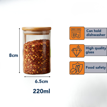 Circular Airtight Glass Spice Jar with Bamboo Lid –220ml