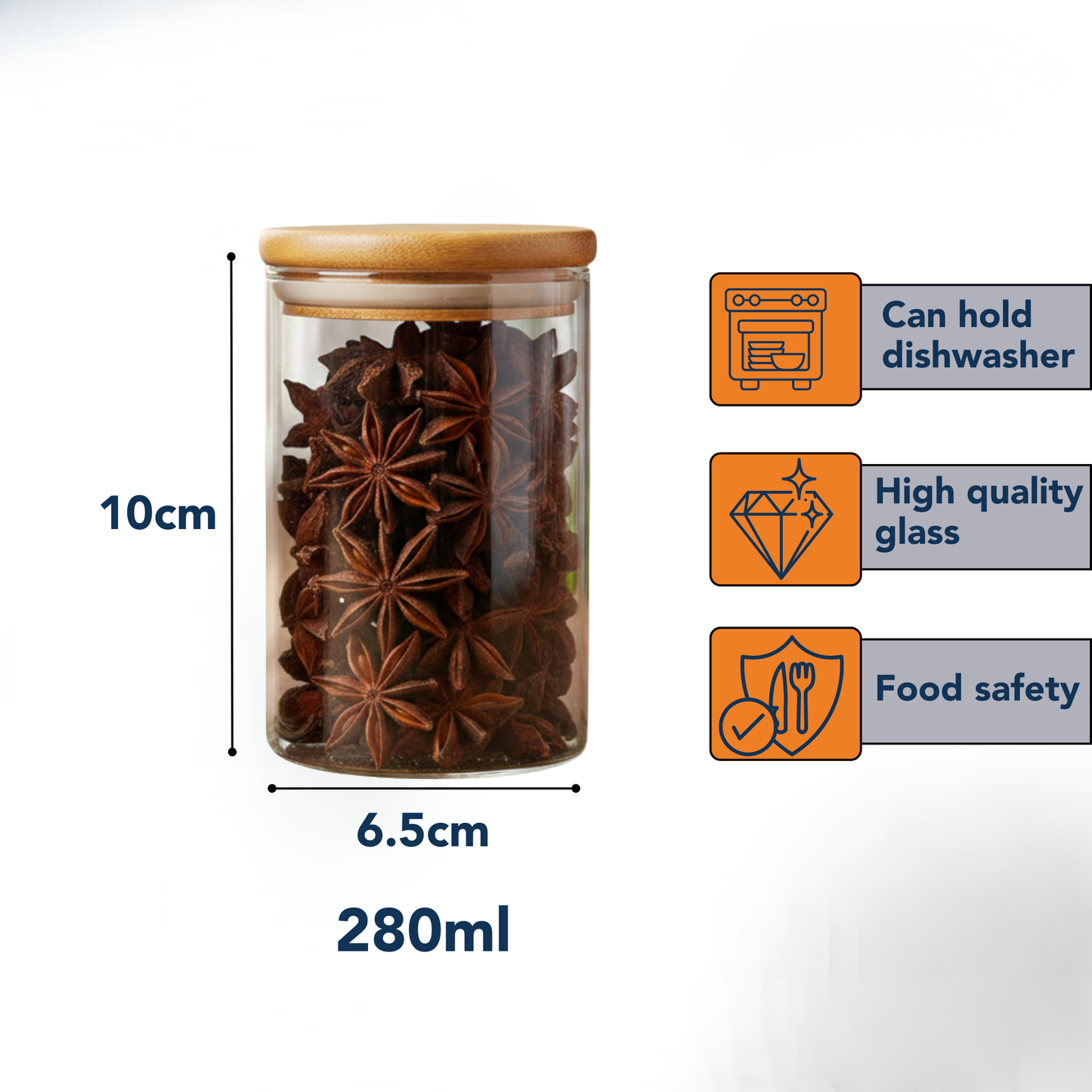 Circular Airtight Glass Spice Jar with Bamboo Lid – 280ml