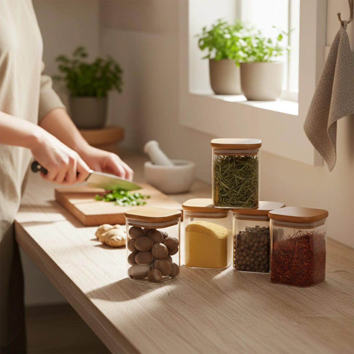 StacPro Airtight Square Glass Spice Jar with Bamboo Lid – 280ml | Moisture-Proof, Stackable