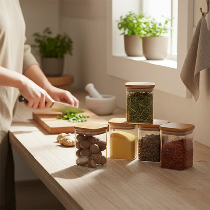 StacPro Airtight Square Glass Spice Jar with Bamboo Lid – 280ml | Moisture-Proof, Stackable
