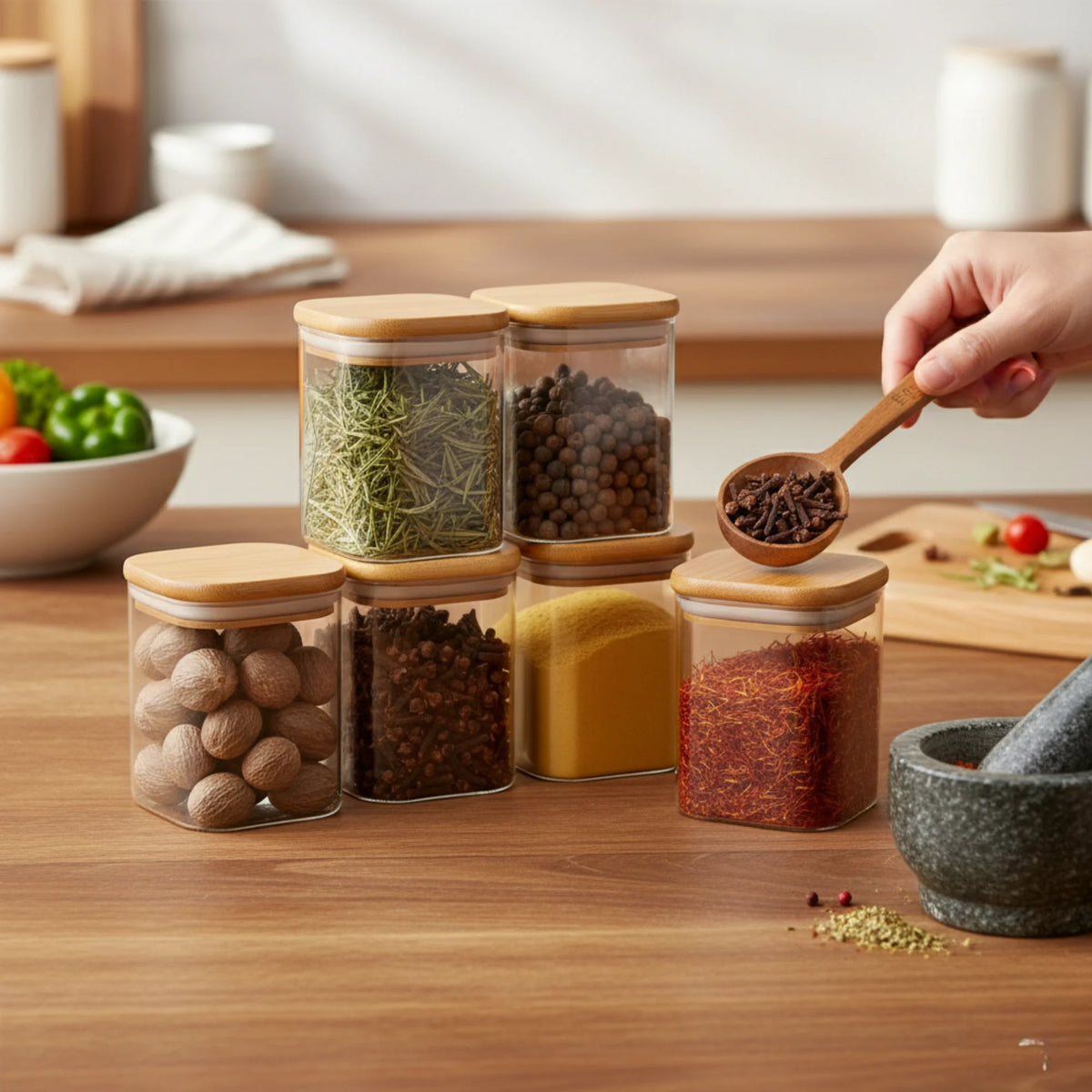 StacPro Airtight Square Glass Spice Jar with Bamboo Lid – 280ml | Moisture-Proof, Stackable