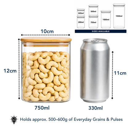 StacPro Airtight Square Glass Spice Jar with Bamboo Lid – 750ml | Moisture-Proof, Stackable