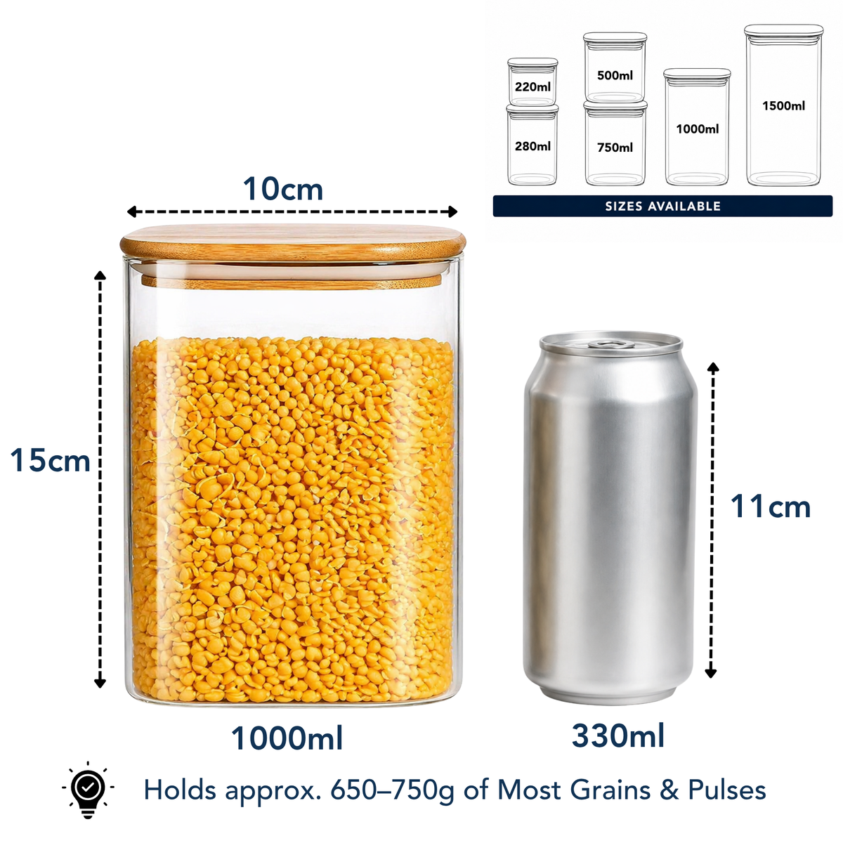 StacPro Airtight Square Glass Spice Jar with Bamboo Lid – 1000ml | Moisture-Proof, Stackable
