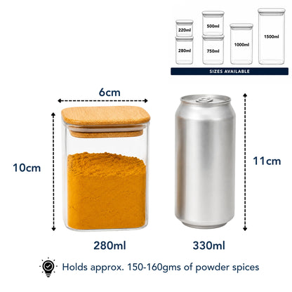 StacPro Airtight Square Glass Spice Jar with Bamboo Lid – 280ml | Moisture-Proof, Stackable